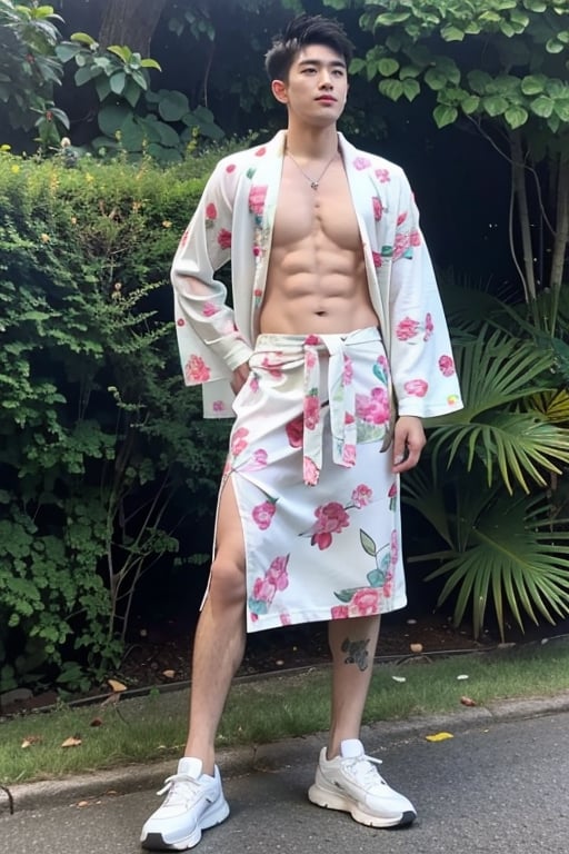 1male, handsome male,solo, , huge muscles, nude, real male genitalia, colorful tattoos, standing, full body photo, designer sneakers, sunny,medium shot, green upper,print robe,long print skirt,print shirt,男人,男士,男孩,男,男子