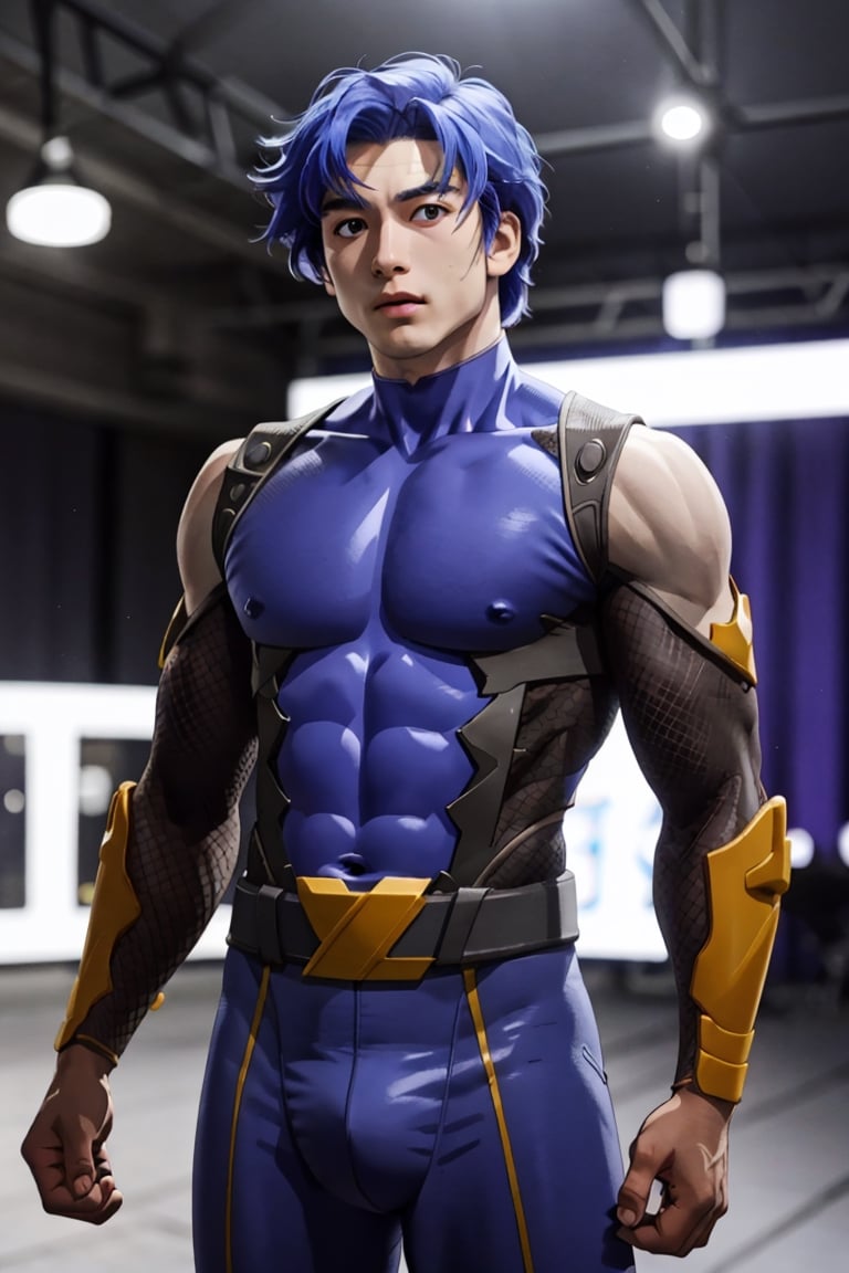 TatsurouAkiyama, young 18yo boy, (solo:1.4), ninja, slim fit, big eyes, muscular, abs, wide shoulders, EpicMakeup,Gray_Reverse,blue hair,taimanin bodysuit