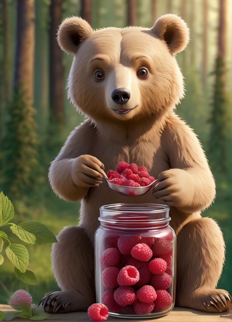 A bear with a hare, holds a jar of raspberries, eats with spoons, directs it into the mouth, there are jars of raspberry jam nearby 4 k