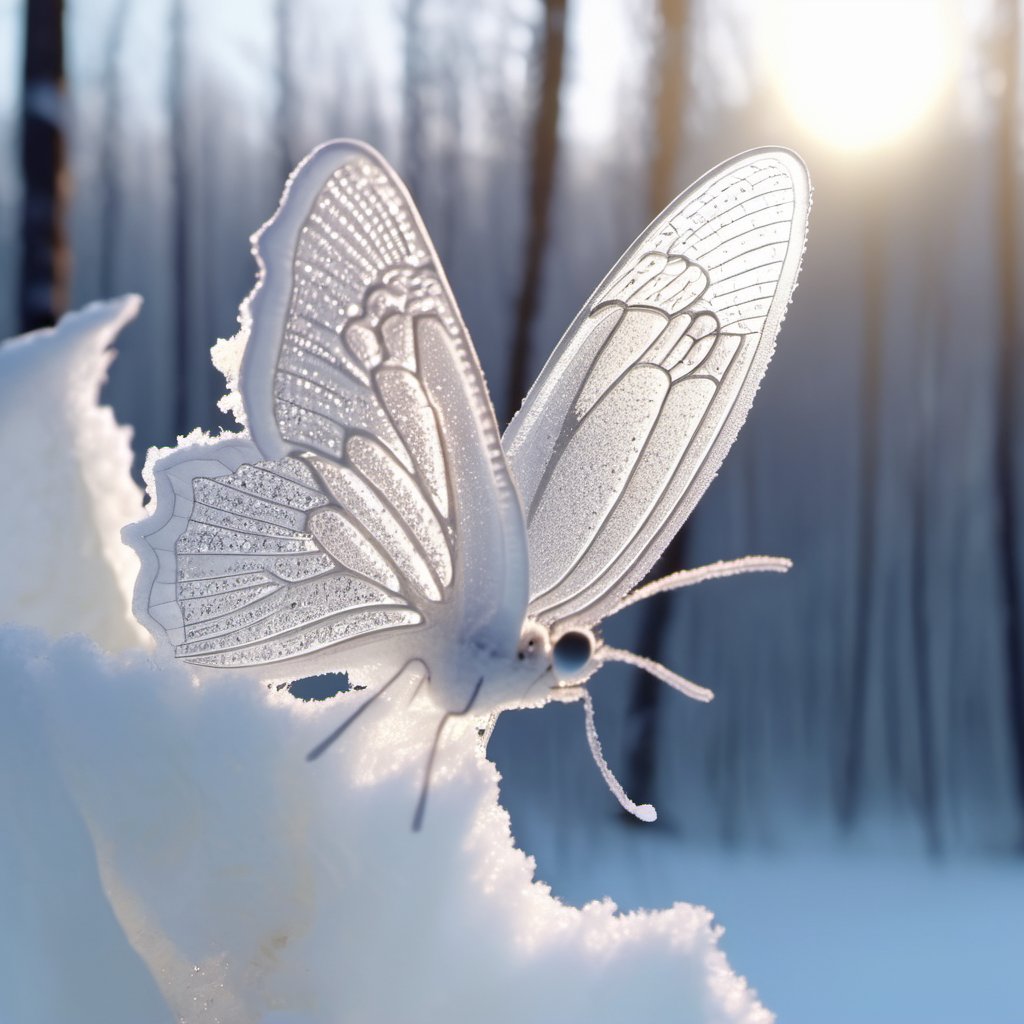 A large ice butterfly, lacy two openwork open, snow sparkles, snow-white wings, against the backdrop of the forest, the light falls brightly on the forest, 4k