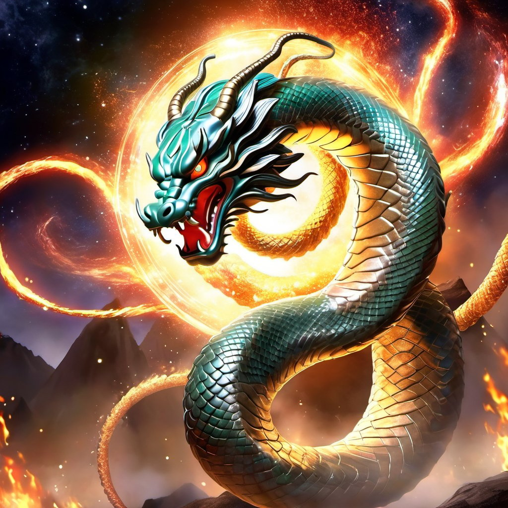 the legendary serpent Orochi becomes the embodiment of heavenly fury. His body is radiant flowers, reflecting the birth of stars. His eyes glow with cosmic fire, and tentacles of energy surround his body like ethereal lightning. The presence of the serpent is both awe and fear as it harnesses the power of the cosmos itself.