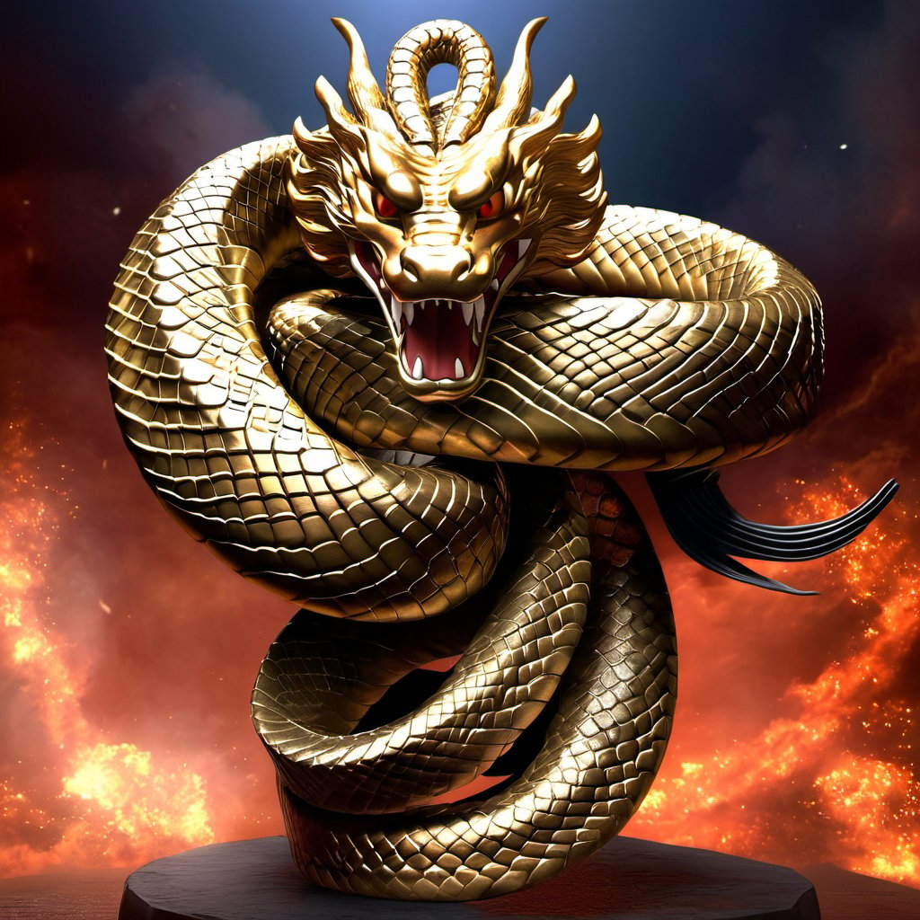 the legendary snake Orochi, 8 heads, 8 tails, becomes the embodiment of heavenly fury. His body is radiant flowers, reflecting the birth of stars. His eyes glow with cosmic fire, and tentacles of energy surround his body like ethereal lightning. The presence of the serpent is both awe and fear as it harnesses the power of the cosmos itself.