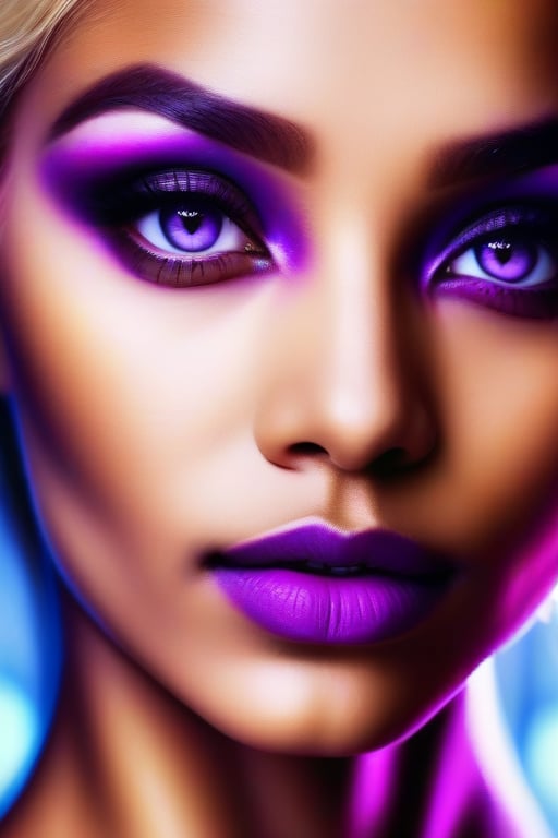 a striking purple photograph of a beautiful blonde woman, with perfect symmetrical eyes, a gorgeous face, where the intensity of her expression and the play of light and shadow create a sense of determination and strength. detailed skin textures, fine blemishes, 4K