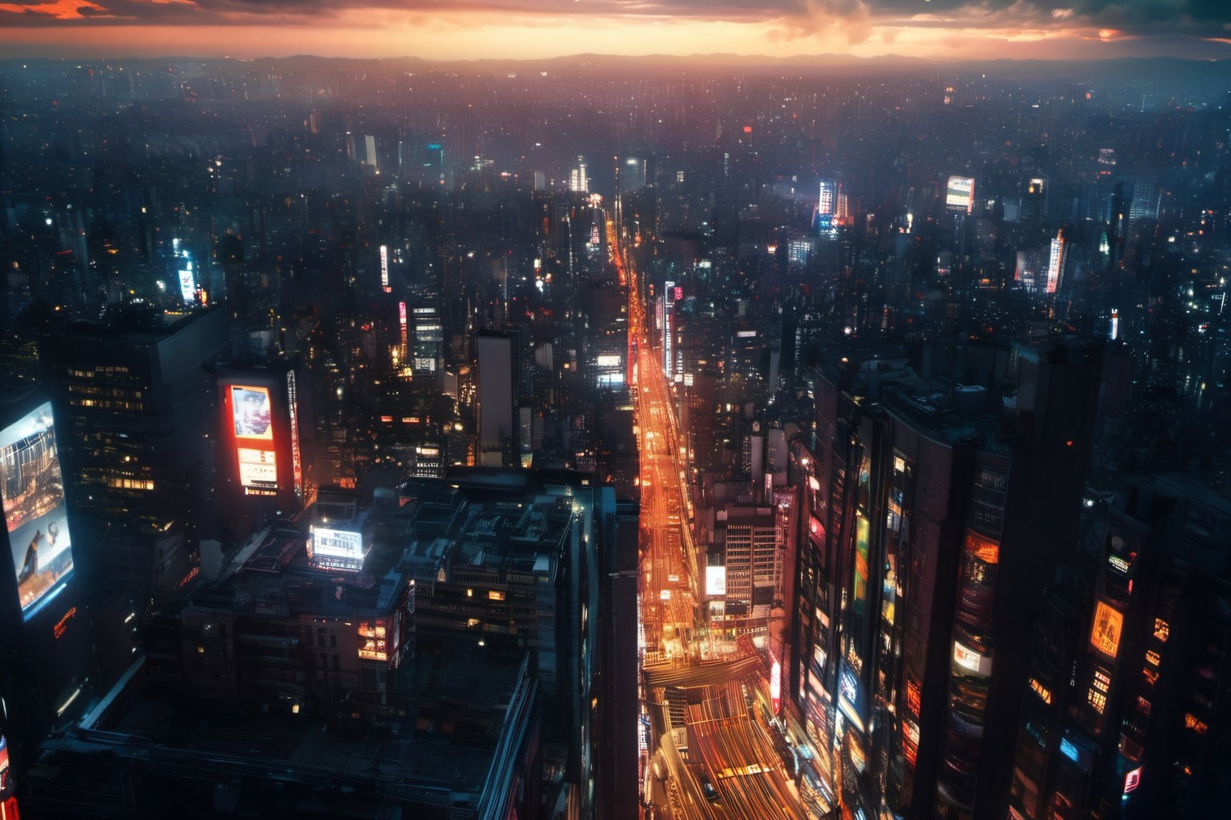 tokyo, highres, bird view ,ultra wide shot,((a man standing on rooftop:1.3)) high rise building, gothic style,urban style, designed by Blade Runner and Akira, high technology,neon lights, super nova, stars, beautiful, architectural rendering, sunset, epic clouds ,((8k, RAW photo, best quality, ultra high res, analog style, photo-realistic, masterpiece)),Movie Still