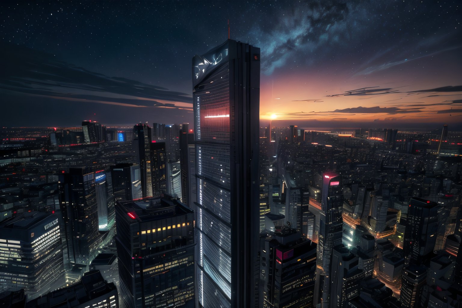 bird view ,ultra wide shot,((1male, overlooking from rooftop)), curved high-rise building in tokyo city, gothic style,urban style, designed by Blade Runner and Akira, high technology,neon lights, super nova, stars, beautiful, architectural rendering, sunset, epic clouds ,((8k, RAW photo, best quality, ultra high res, analog style, photo-realistic, masterpiece)),4ry4