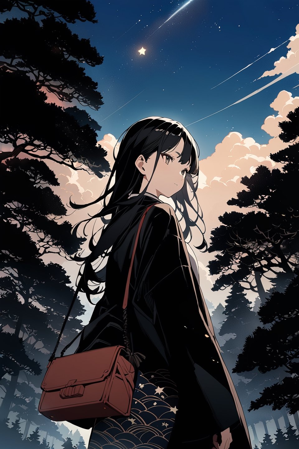 1girl, solo, long hair, black hair, outdoors, sky, cloud, bag, tree, star \(sky\), nature, scenery, forest, mountain, ukiyo-e style), extreme detailed, (masterpiece)