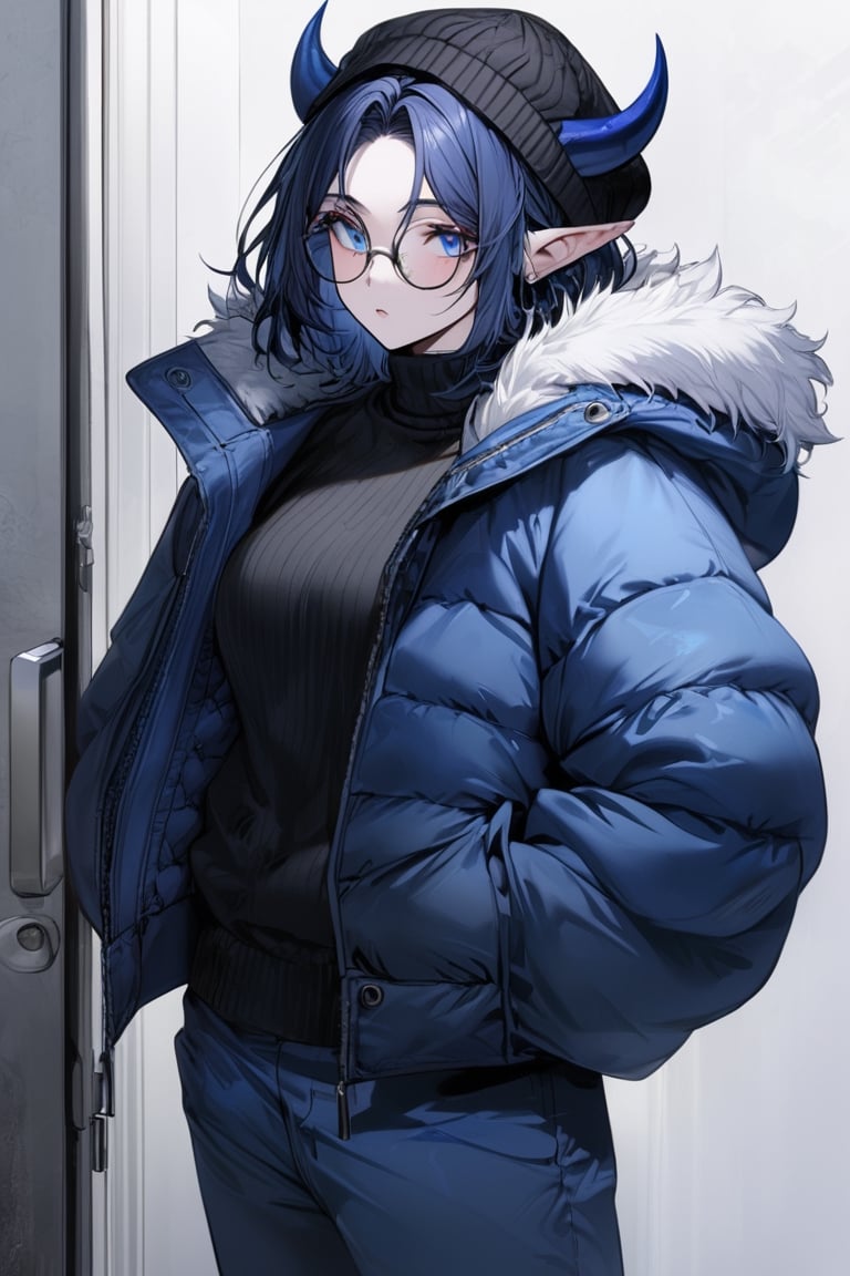 Extreme detailed, (masterful), 1girl, solo, dark blue hair, short hair, blue demon horns, elf ears, black beanie, blue eyes, blue puffer jacket, blue suit pants, mature face, puffer jacket, round glasses, pale skin, fur trim, standing, black turtleneck