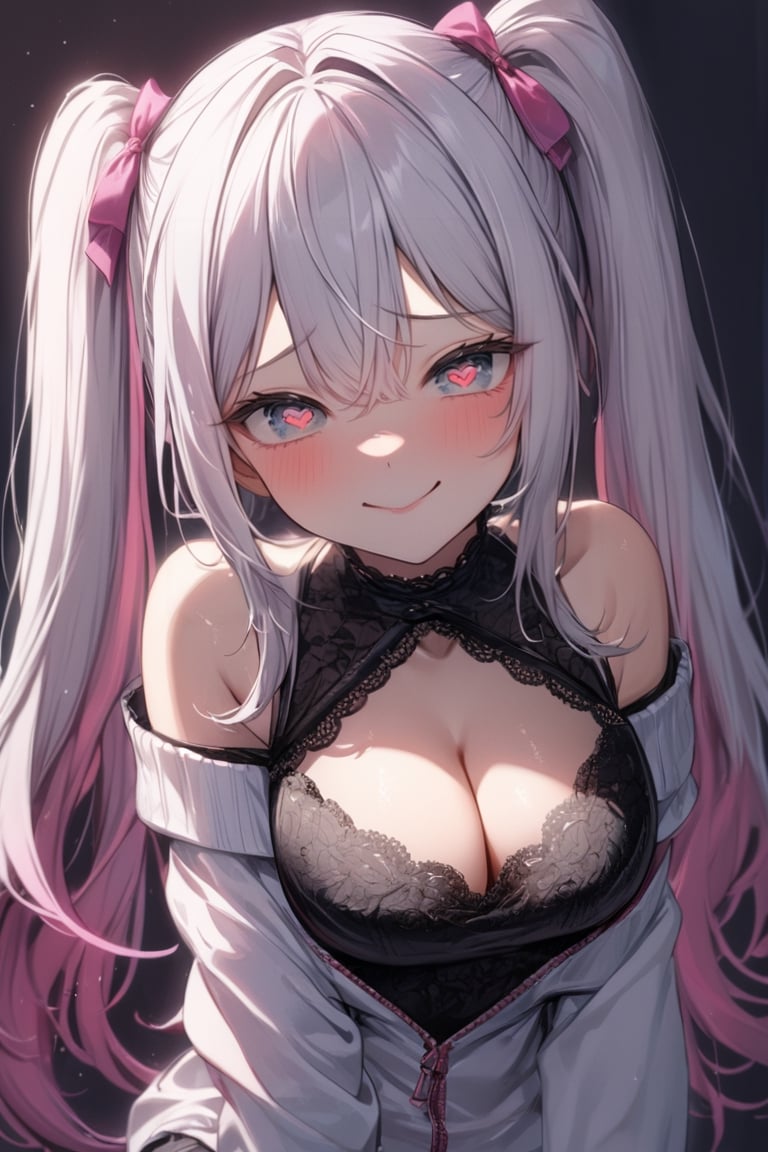 Extreme detailed, (masterful), 1girl, solo, tight shirt, cleavage, cleavage cutout, jumper, off shoulders, white jumper with pink lining, lace undershirt, black lace shirt, twintails, pink hairties, (heart shaped pupil), blush, white hair, long hair, smug face, (dim lighting), dark lighting