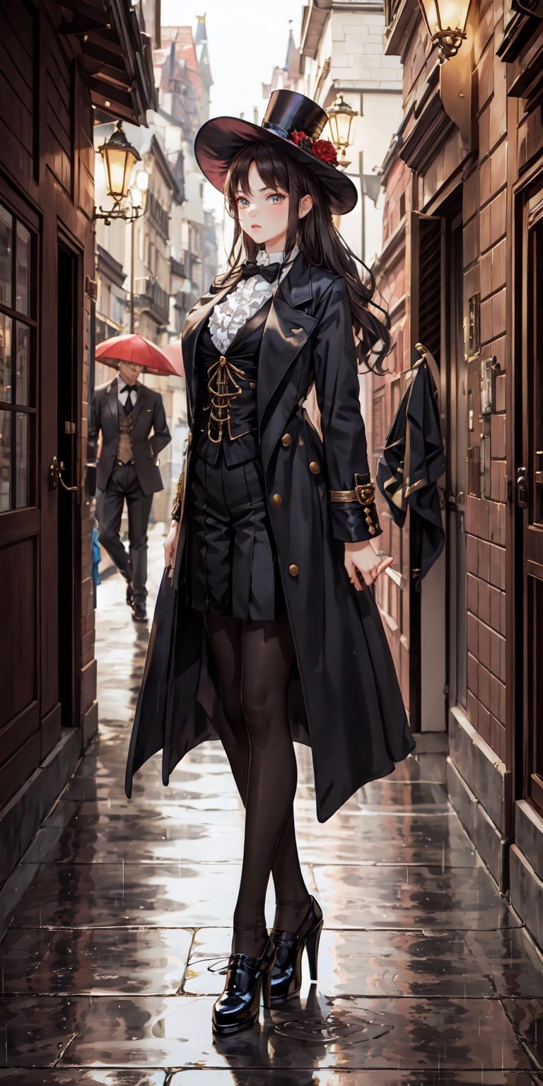 ultra detailed 8k cg, 1girl, fantasy style, hll,black pantyhose, full body shot, high heels, ((tailcoat)) suit, big tophat, monocol, outdoors in victorian era england, dynamic pose, rain,perfect