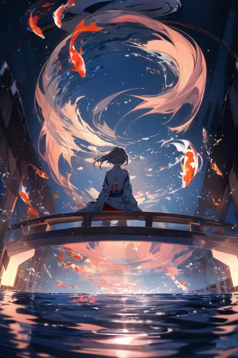 Extreme detailed, (masterful), 1girl, looking down at water surface, solo, back view, night, on top of bridge, water, reflection, koi, volumetric lighting