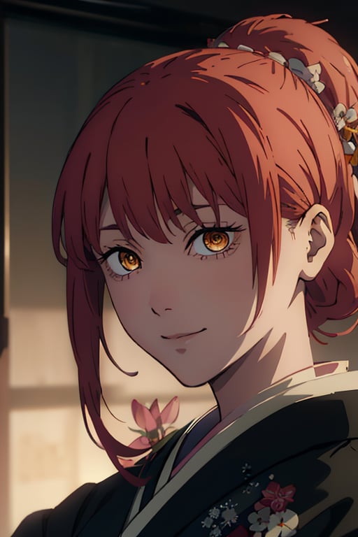 masterpiece, best quality, illustration, hyper realistic, hyper detailed, HD, Professional Lighting, Photon Mapping, Radiosity, Physically Based Rendering, Cinematic Lighting, accurate anatomy. Radiant colors, intense colors,
medium closeup portrait of makimacsm, yellow eyes, red hair, mysterious smile, looking at viewer, facing viewer, wearing a black kimono, anime key visual, dramatic lighting, golden hour, csm anime style, grimdark, anime, manga style, digital painting, pixiv, artstation, semirealistic, intricate details, hires, masterpiece, best quality, absurdres, BREAK flowers in background,
,perfecteyes,makimacsm,csm anime style