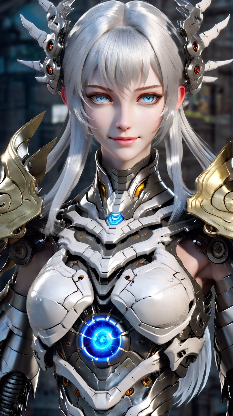 smile , surreal photo of a girl, blue eyes, white hair, huge breasts, centered, symmetrical, cyborg, shiny armor, intricate detailed, giger, wires, mechanical ribs, realistic, fujifilm, 8k, HDR, cyborg style,cyborg style,mecha,dfdd