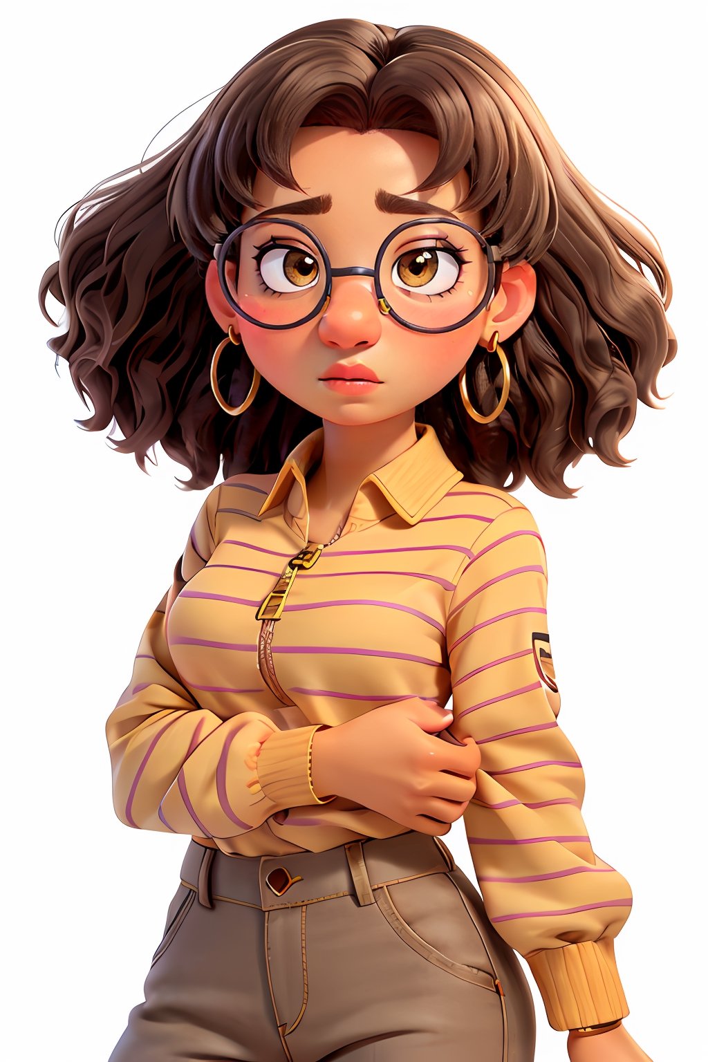 curly brown and gray hair, round-framed glasses, dark eyebrows, brown eyes, pink lips, yellow and white striped zipper shirt, gold earrings, slight frown, <Priya_Mangal>,  dark skin, glasses with 