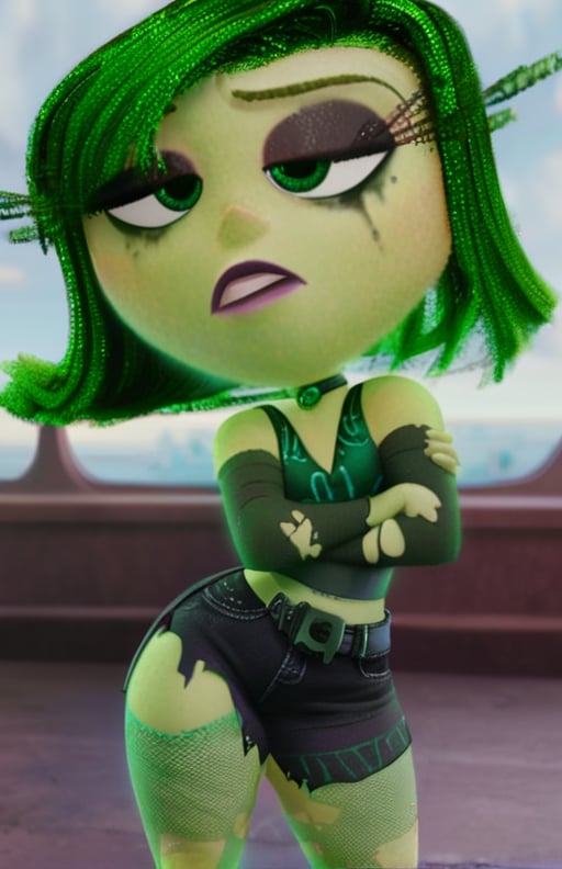  di_st, 1girl, green hair, green eyes,  goth outfit, ((torn revealing clothes)), goth makeup,, score_9, score_8_up, score_7_up,