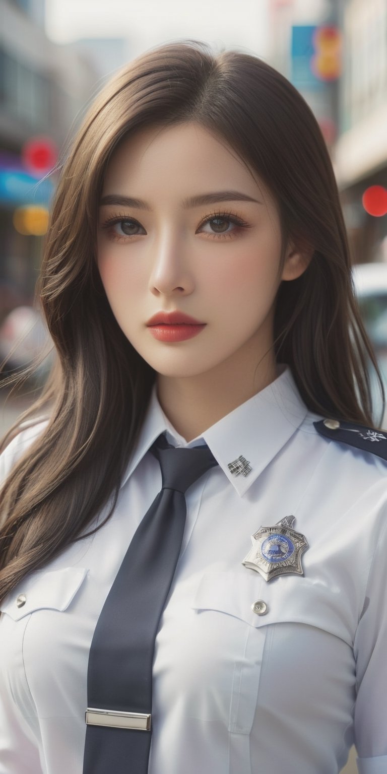 Generate hyper realistic image of a beautiful policewoman with long, flowing blonde hair, captivating brown eyes, and a confident gaze directed at the viewer. Dressed in a realistic police uniform with a prominent belt, her lips express determination and authority. The scene exudes a sense of security and professionalism, capturing the essence of a dedicated law enforcement officer.,hubggirl,taiwan,LinkGirl