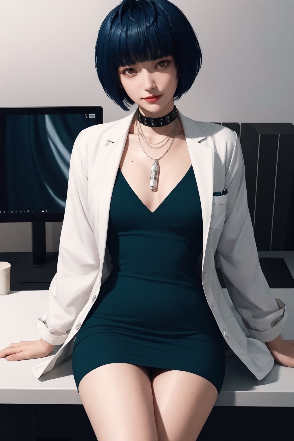realistic:1, highres, best quality:1, Tae Takemi, 1girl, solo, beautiful, looking at viewer, sitting, smirk:1.3, finely detailed beautiful eyes:1.2, short hair, necklace, choker, labcoat, black dress, short dress, medium breasts, film grain, clinic, Tokyo, seductive