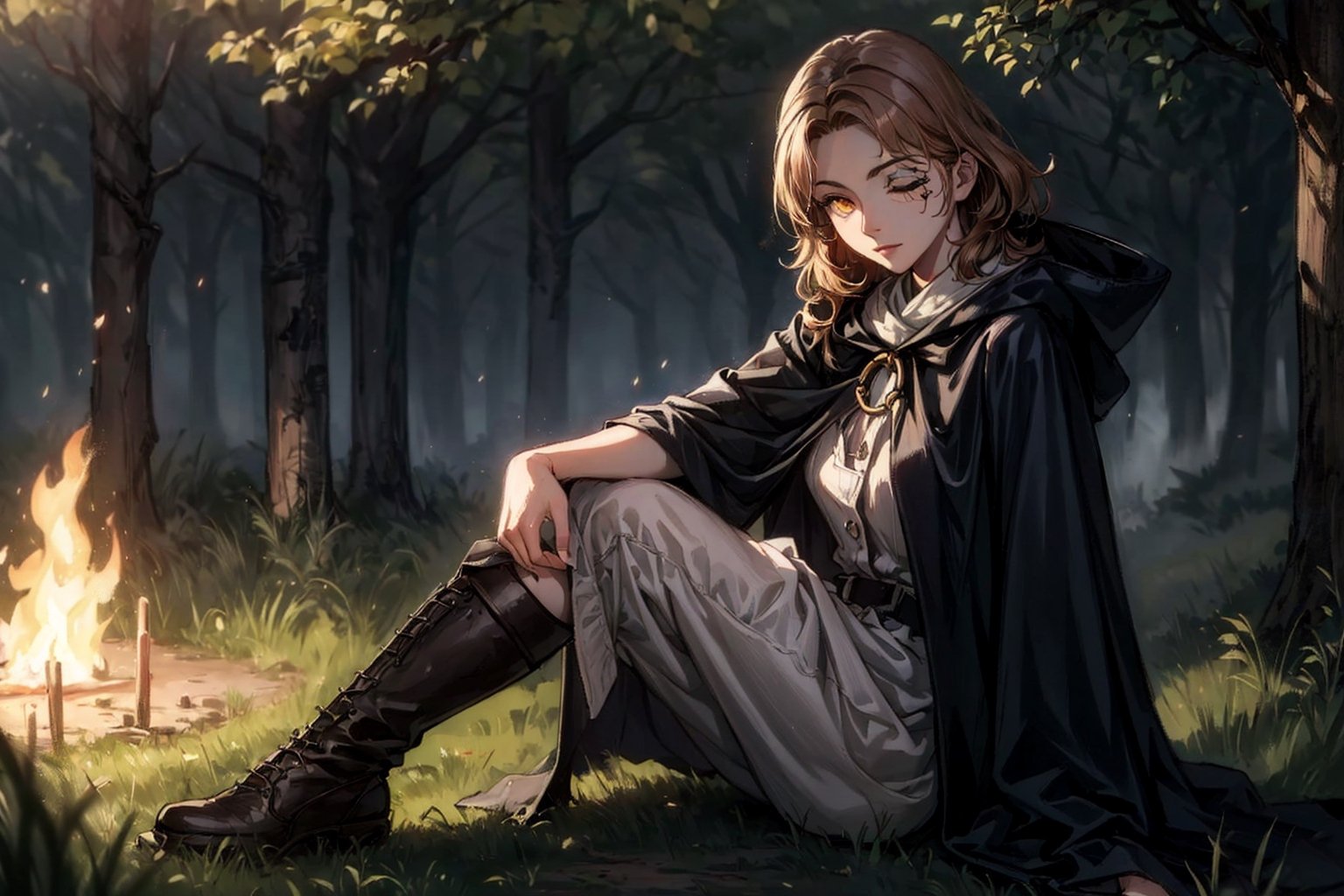 realistic:1.8, masterpiece:1.8, highres:1.8, 1 girl, solo, looking at viewer, sitting, melina \(elden ring\), facial mark, medium hair, o-ring, one-eyed, one eye closed, finely detailed beautiful eyes:1.8, cloak, hooded cloak, forest, bonfire, film grain, light brown hair, orange eye, facial tattoo