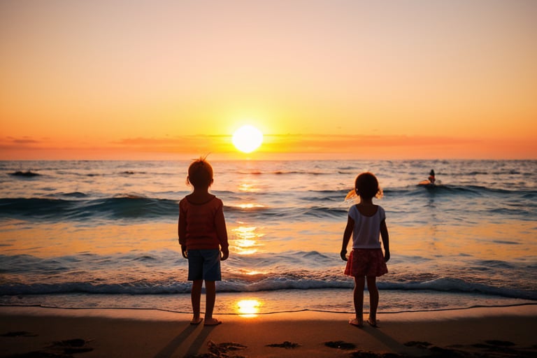 Ocean sunset scenery with red sun with child infront of it