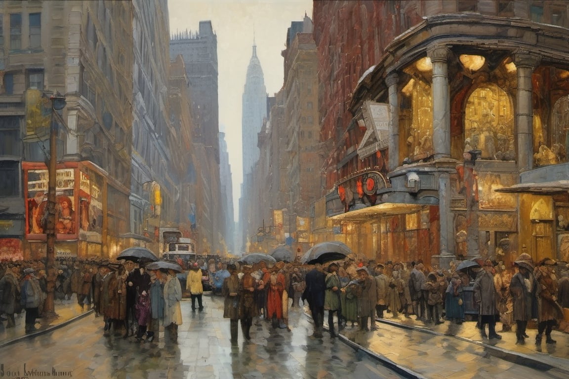 a painting masterpiece, New York city in 1905, epic and intimate street scenes, historically accurate many people, exact precisionism rendering, simple composition, inspired by Gustave Moreau, gothic art, don lawrence's, oil on canvas (1921)”, the temple of truth is white, reginald marsh, portrait of daemons, opal statues adorned in jewels, denis sarazhin