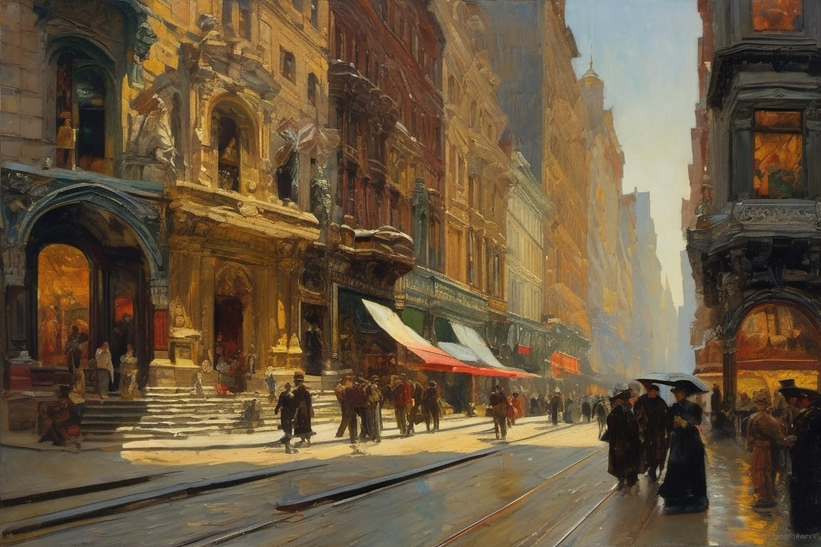 a painting masterpiece, New York city in 1905, epic and intimate street scenes, historically accurate many people, exact precisionism rendering, simple composition, inspired by Gustave Moreau, gothic art, don lawrence's, oil on canvas (1921)”, the temple of truth is white, reginald marsh, portrait of daemons, opal statues adorned in jewels, denis sarazhin