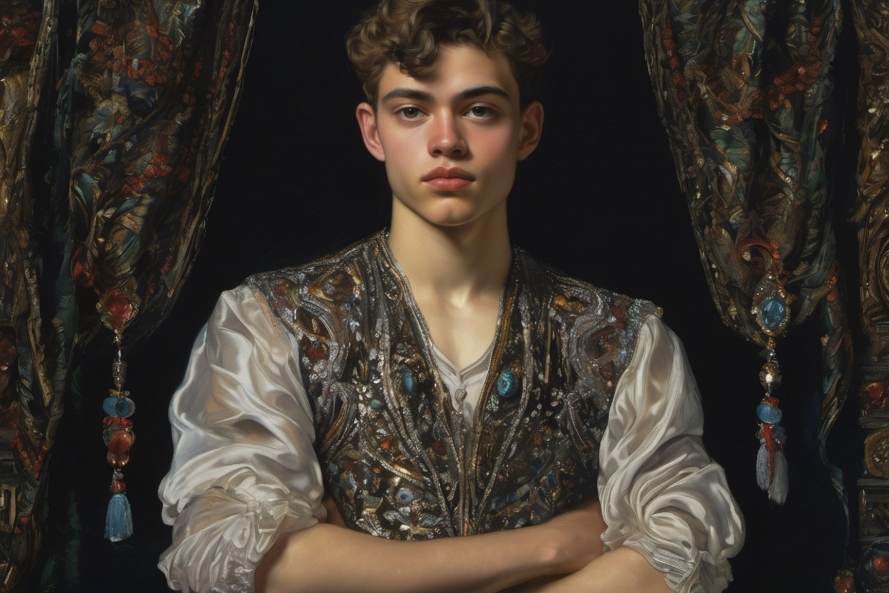 closeup portrait of a young man in bejeweled vest, exposed arms, from the waist up showing hands painted by Ivan Albright, dark fabric backdrop,art by sargent