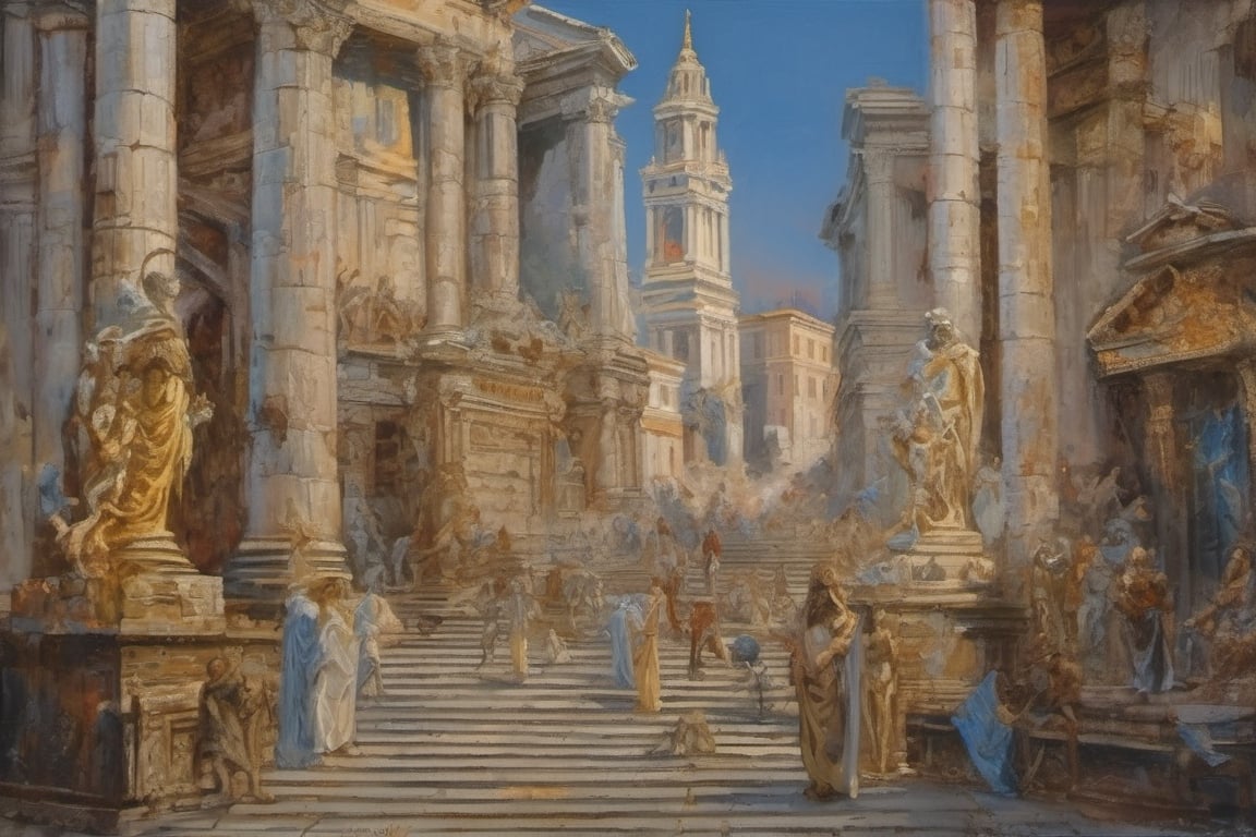 a painting masterpiece, ancient Rome at the height of its civilazation,epic and intimate street scenes, historically accurate many people, exact precisionism rendering, simple composition, inspired by Gustave Moreau, gothic art, don lawrence's, oil on canvas 1921, the temple of truth is white, reginald marsh, portrait of daemons, opal statues adorned in jewels, denis sarazhin