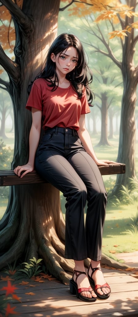 16k, realistic, perfect, forest,1 girl, 
,little girl,

big old tree, autumn,

,long black hair, small thighs, slim body,

,red tshirt, regular flip flops,
,long black loose trousers,

sad_face, cry, crying, tears come out,

,1 big old tree,
, sitting on top old wooden bench,

,full-body_portrait,

perfecteyes, better_hands,