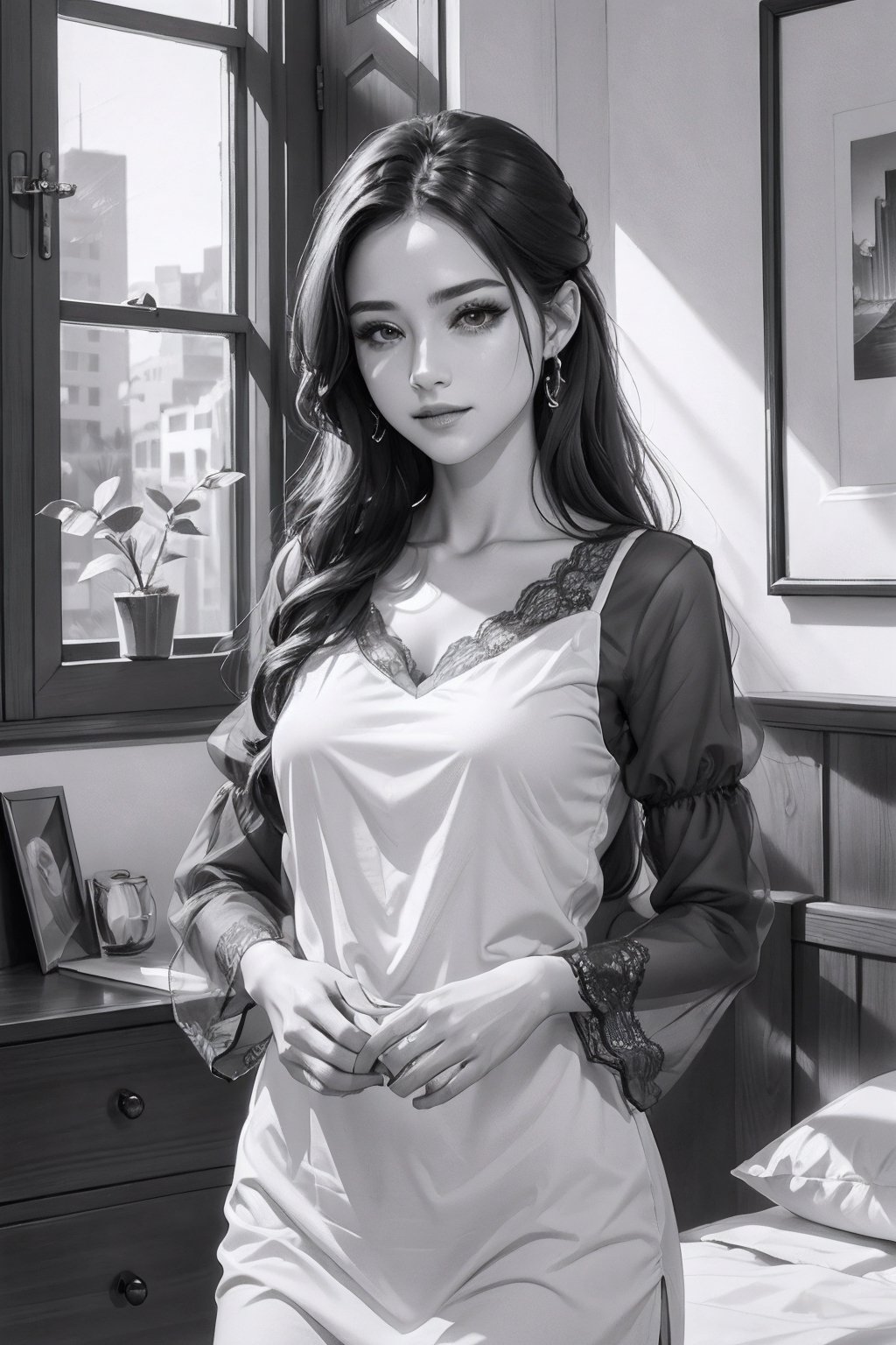 a beautiful bedromm, pencil sketch,perfecteyes,Thank you very much for your guidance. If possible, give an example of what you said. Sincerely,Hair over eyes,full_body,Women's V-Neck Peasant Sleeve Dress Lace Sleeves Dresses Mini,SBLM,transparent bodystocking