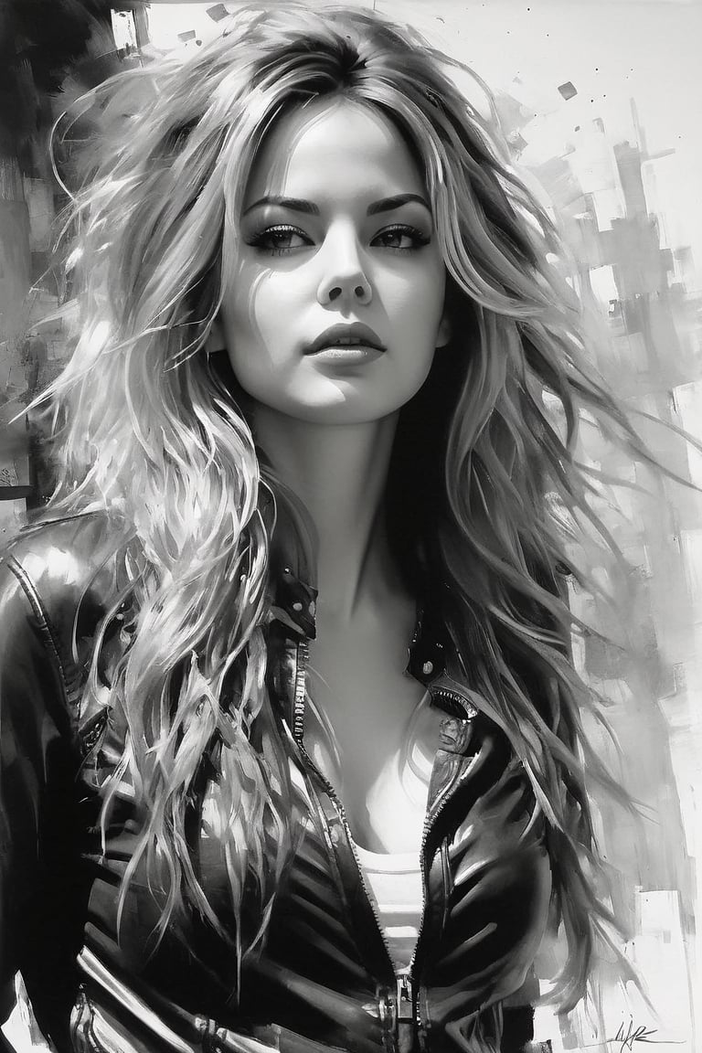 a drawing of a woman with her hair in the air it is black and white, in the style of mark lague, hyper-realistic portraits, sam spratt, brent heighton, captivating gaze, cyclorama, crisp and clean ,dripping paint,greg rutkowski,full_body