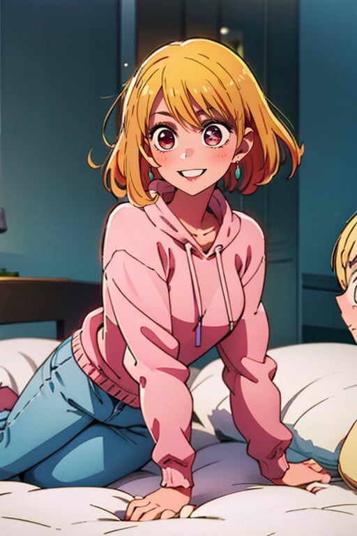 ruby, applying make-up, looking at her mobile phone, pink sweatshirt, smiling, fringes, female room background, pink room decoration, lying on her bed, red cheeks, puffy cheeks, blonde hair, bright eyes, strong colours, vivid colours, full body
