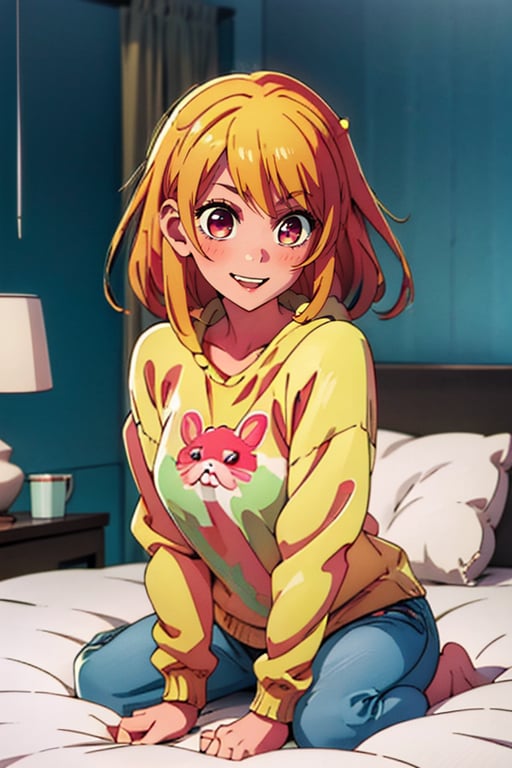 ruby, applying make-up, looking at her mobile phone, pink sweatshirt, smiling, fringes, female room background, pink room decoration, lying on her bed, red cheeks, puffy cheeks, blonde hair, bright eyes, strong colours, vivid colours, full body
