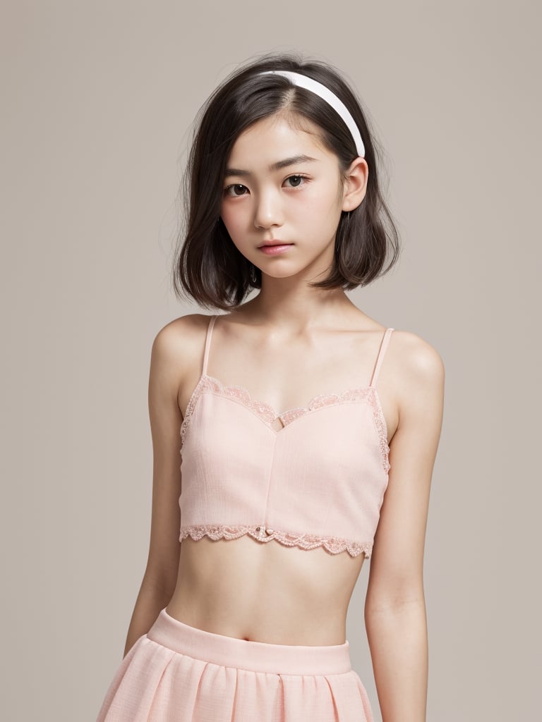 A full body portrait of a japanaese girl,(masterpiece, 8k, photorealistic, RAW photo, best quality, sharp: 1),highly detailed face, beautiful face, (realistic face), beautiful hairstyle, realistic eyes, beautiful detailed eyes, (realistic skin), beautiful skin, ultra high res, ultra realistic, highly detailed, high nose, slim body, slender girl, detailed bust, slim thighs, slim legs, small hip, hair band, (blank background:1.1), (looking away:0.3), (from side:0.4) (age 12-15, European preteen, a pretty girl:1.4), (short hair, bob hair, beautiful hairstyle:1.2), (midriff:1.1), (model posing:1.2),asian girl,long skirt,heart_mark_background