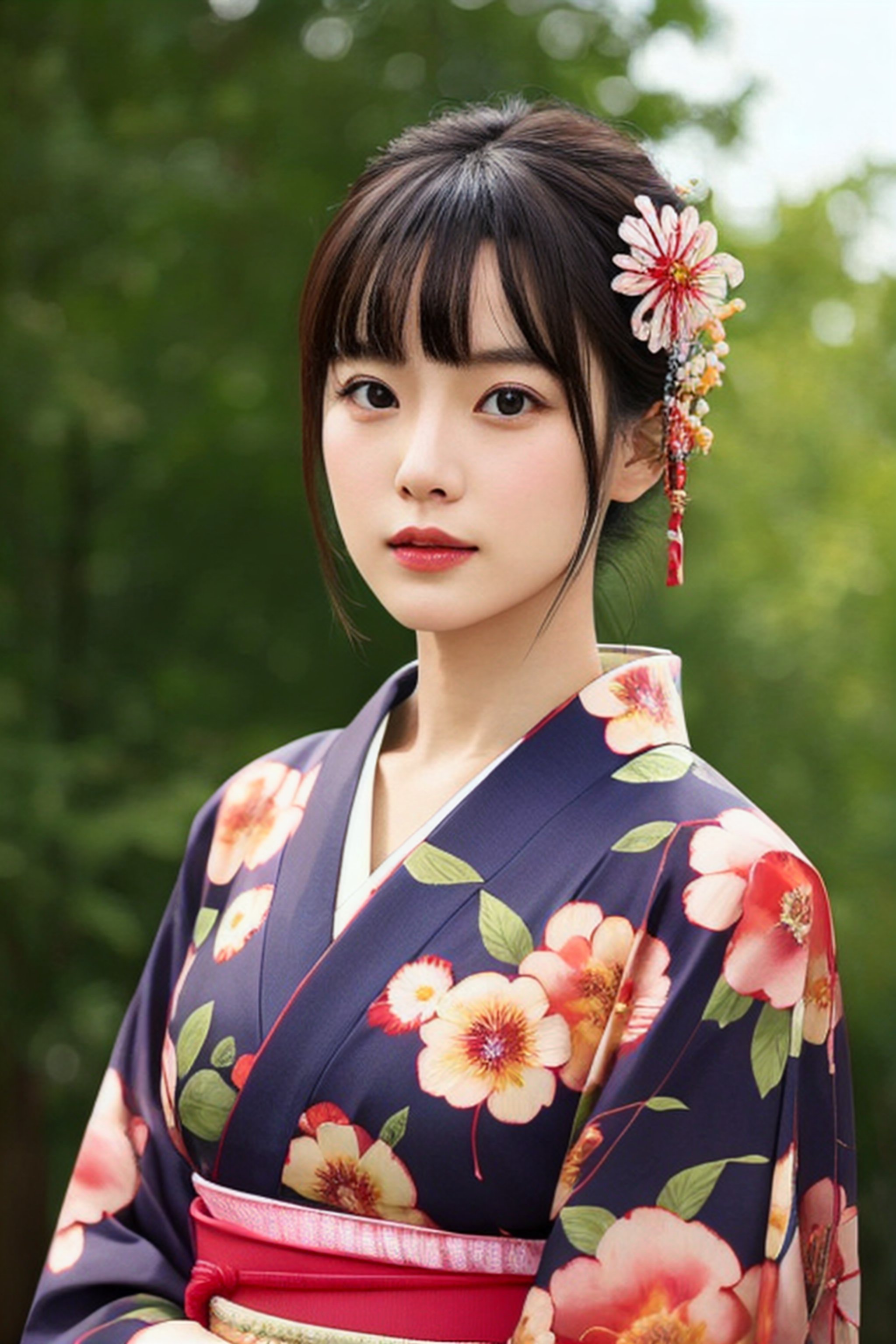 1girl, solo, outdoor, cute japanese model girl, kimono, floral print, hair ornament, looking at viewer, hair flower, brown eyes, bangs, masterpiece, best quality, realistic