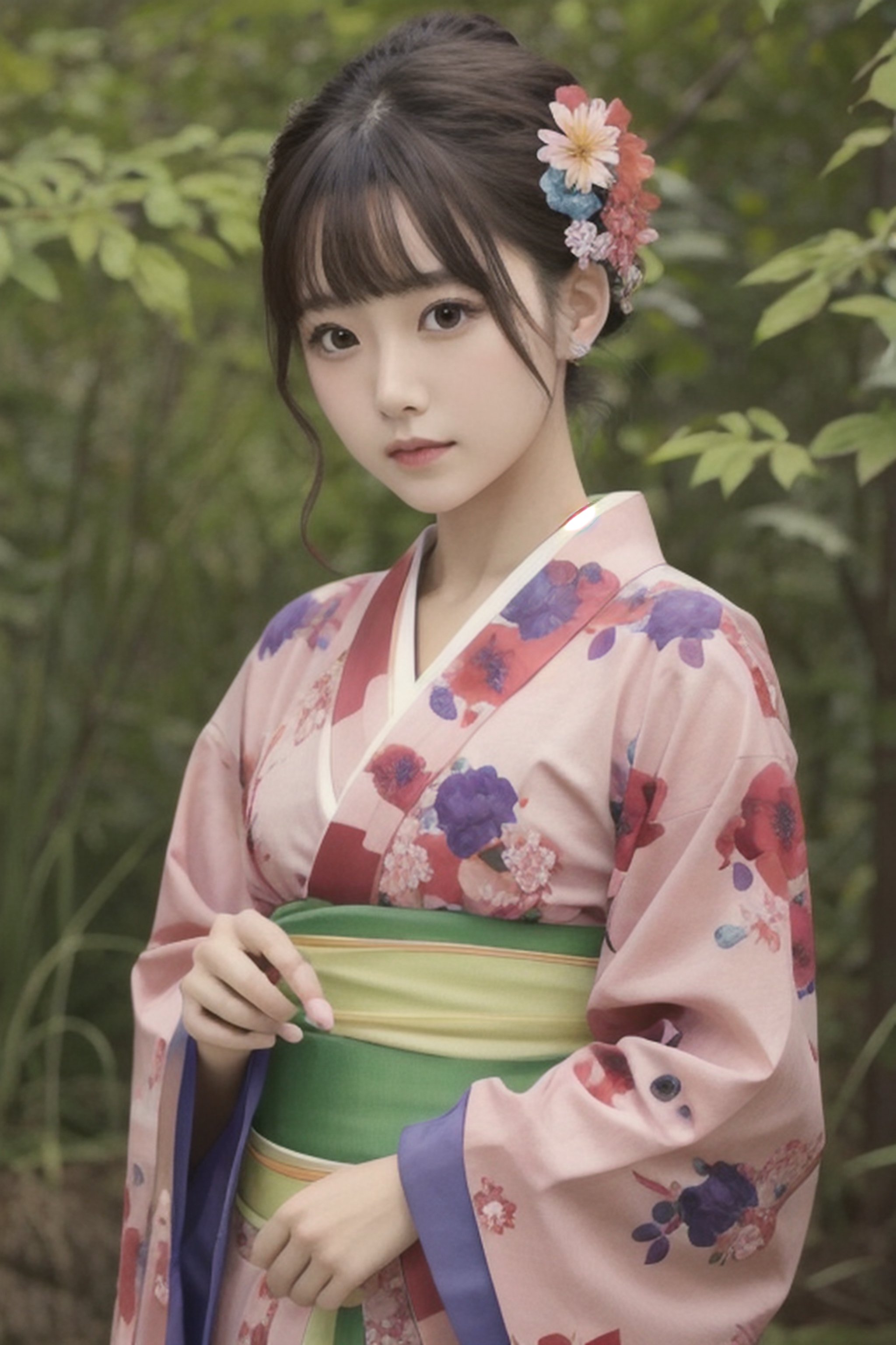 1girl, solo, outdoor, cute japanese model girl, kimono, floral print, hair ornament, looking at viewer, hair flower, brown eyes, bangs, masterpiece, best quality, realistic