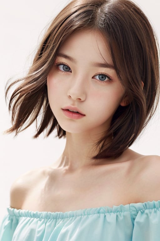 1girl, (age 11-14:1.4), gorgeous, (dynamic pose:0.8),(close-up),studio lighting, white background, japanese teen top model, bang, hime haircut, heterochromia, pastel off-shoulder dress,