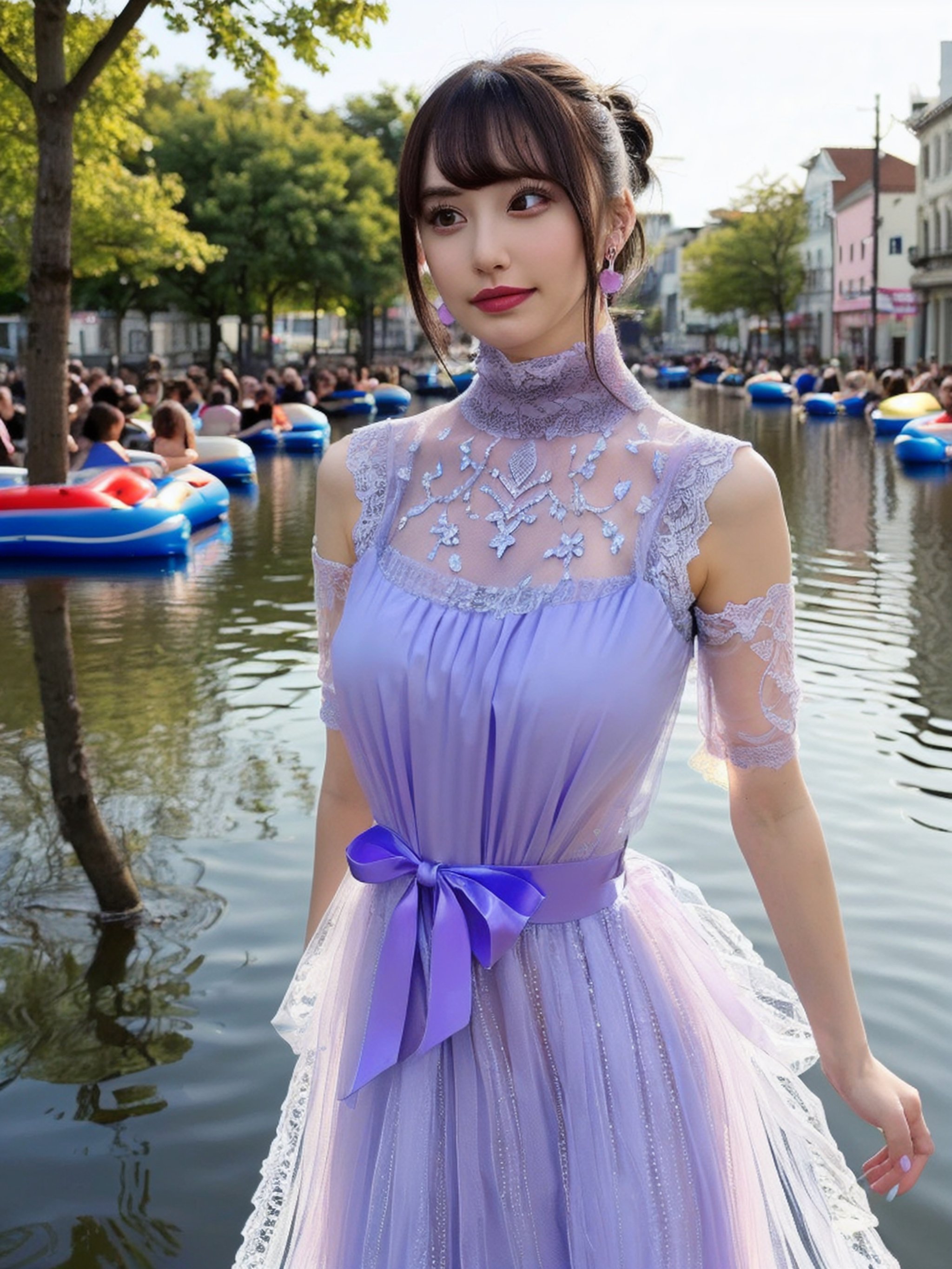 a woman posing on the street corner with light purple high-neck dress on, best quality, 1girl, (gigantic breasts), day, bright, blur background, bokeh, outdoor, (street:0.8), (people, crowds:1), (lace-trimmed dress:1.5, see-through, no-sleeves dress, high-neck dress:1.5, light purple dress: 1.5), gorgeous, (floating hair, bangs, hair up:1.5), beautiful detailed sky, (beautiful earrings), (dynamic pose:1), (upper body:0.8), soft lighting, wind, shiny skin,mikana_yamamoto