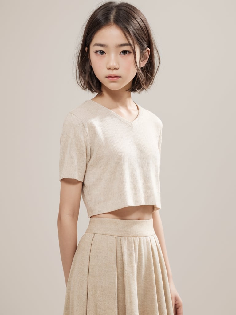 A full body portrait of a japanaese girl,(masterpiece, 8k, photorealistic, RAW photo, best quality, sharp: 1),highly detailed face, beautiful face, (realistic face), beautiful hairstyle, realistic eyes, beautiful detailed eyes, (realistic skin), beautiful skin, ultra high res, ultra realistic, highly detailed, high nose, slim body, slender girl, detailed bust, slim thighs, slim legs, small hip, (blank background:1.1), (looking away:0.3), (from side:0.4) (age 12-15, European preteen, a pretty girl:1.4), (short hair, bob hair, beautiful hairstyle:1.2), (midriff:1.1), (model posing:1.2),asian girl,long skirt,heart_mark_background