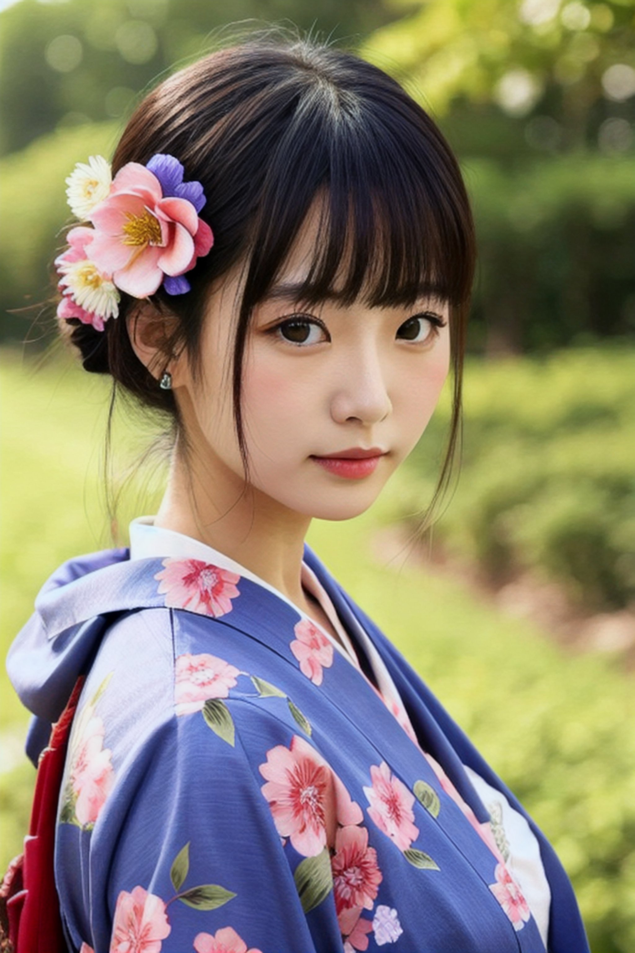 1girl, solo, outdoor, cute japanese model girl, kimono, floral print, hair ornament, looking at viewer, hair flower, brown eyes, bangs, masterpiece, best quality, realistic