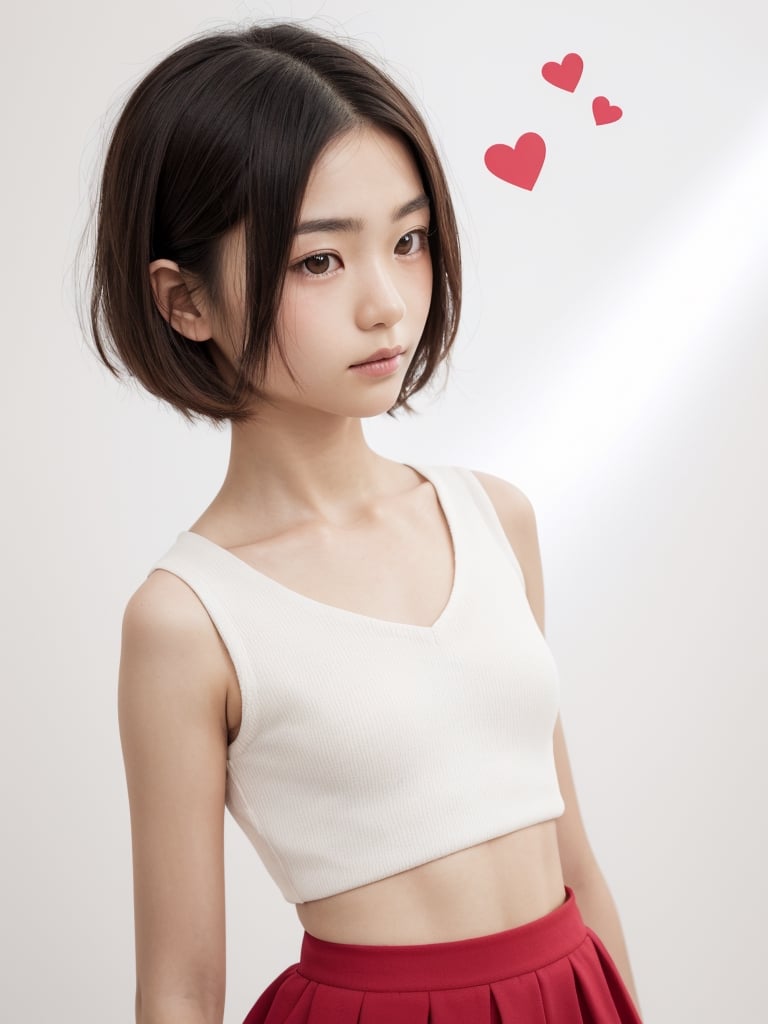 A full body portrait of a japanaese girl,(masterpiece, 8k, photorealistic, RAW photo, best quality, sharp: 1),highly detailed face, beautiful face, (realistic face), beautiful hairstyle, realistic eyes, beautiful detailed eyes, (realistic skin), beautiful skin, ultra high res, ultra realistic, highly detailed, high nose, slim body, slender girl, detailed bust, slim thighs, slim legs, small hip, hair band, (blank background:1.1), (looking away:0.3), (from side:0.4) (age 12-15, European preteen, a pretty girl:1.4), (short hair, bob hair, beautiful hairstyle:1.2), (midriff:1.1), (model posing:1.2),asian girl,long skirt,heart_mark_background