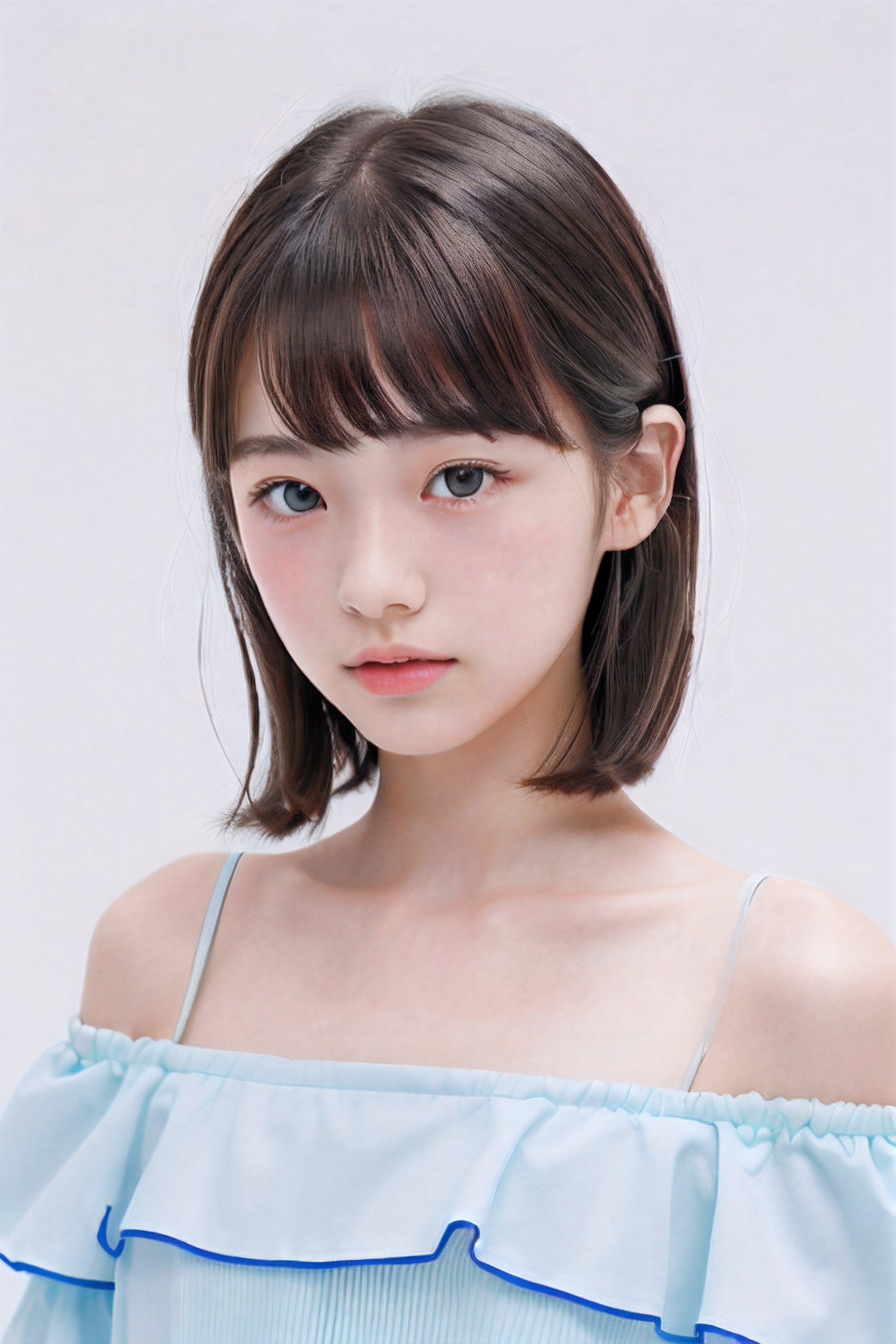 1girl, (age 11-14:1.4), gorgeous, (dynamic pose:0.8),(close-up),studio lighting, white background, japanese teen top model, bang, hime haircut, heterochromia, pastel off-shoulder dress,