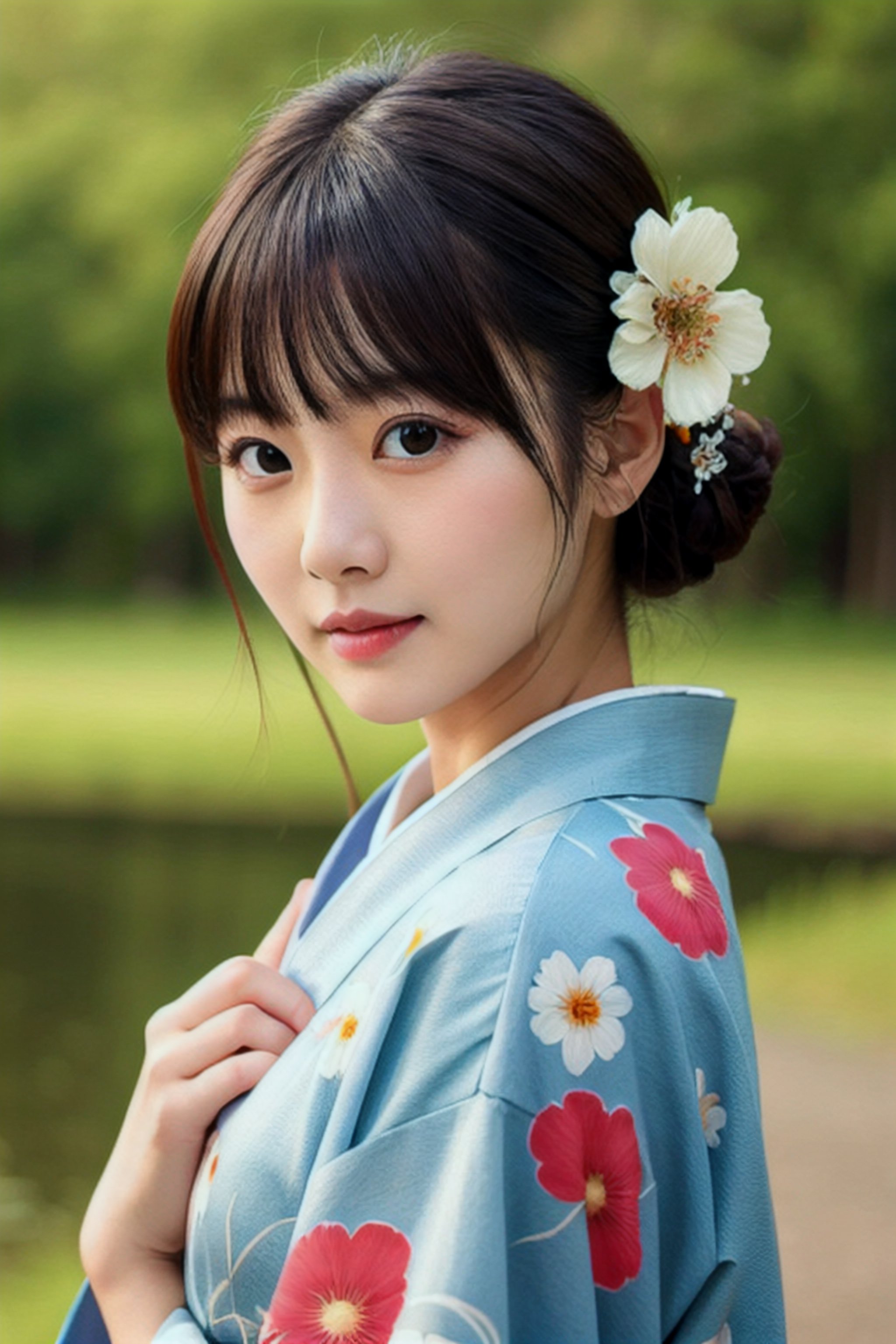 1girl, solo, outdoor, cute japanese model girl, kimono, floral print, hair ornament, looking at viewer, hair flower, brown eyes, bangs, masterpiece, best quality, realistic