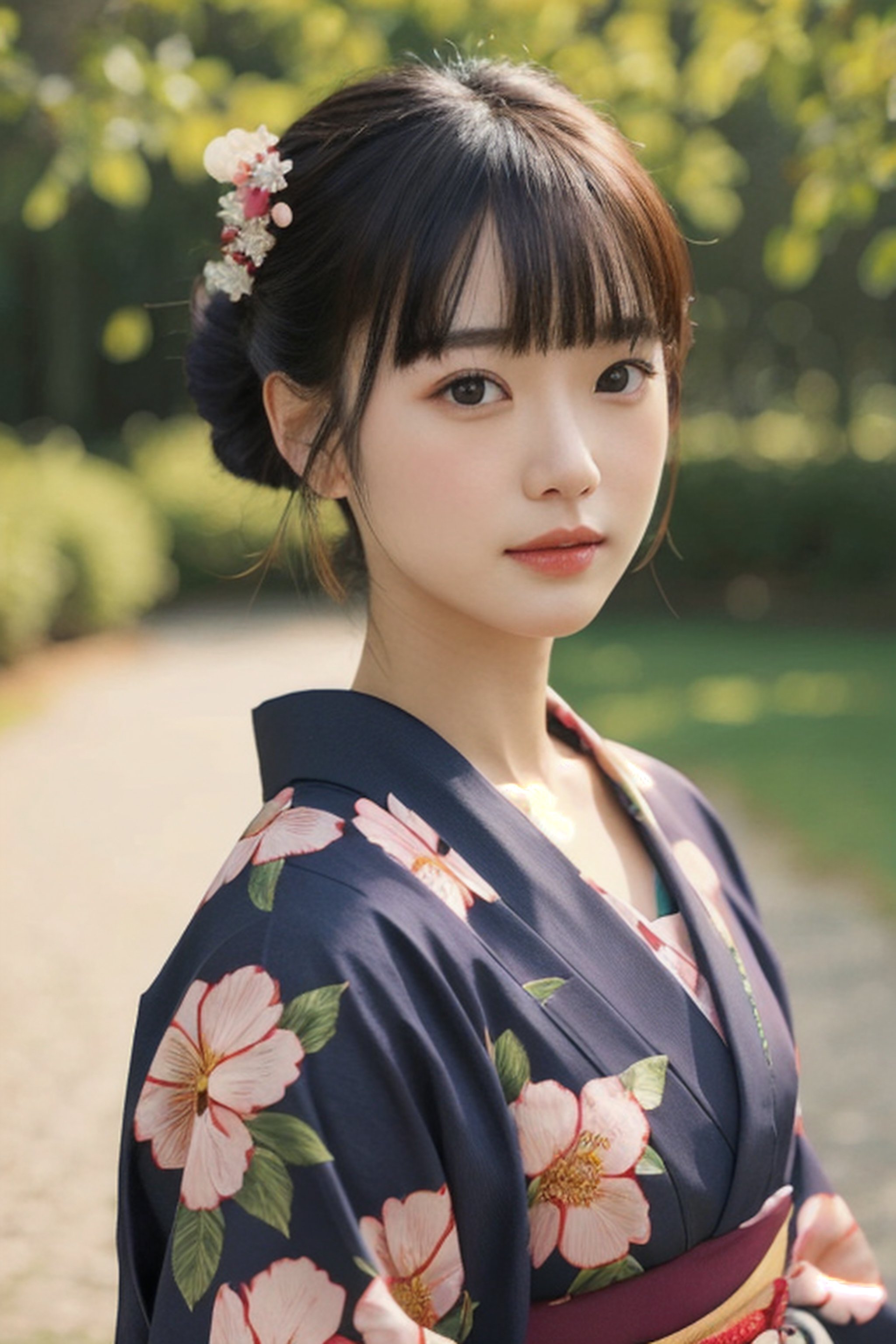 1girl, solo, outdoor, cute japanese model girl, kimono, floral print, hair ornament, looking at viewer, hair flower, brown eyes, bangs, masterpiece, best quality, realistic