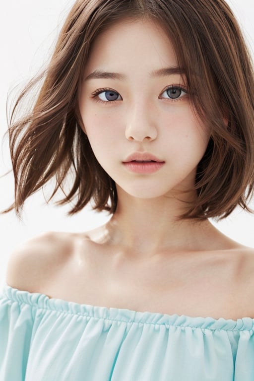 1girl, (age 11-14:1.4), gorgeous, (dynamic pose:0.8),(close-up),studio lighting, white background, japanese teen top model, bang, hime haircut, heterochromia, pastel off-shoulder dress,