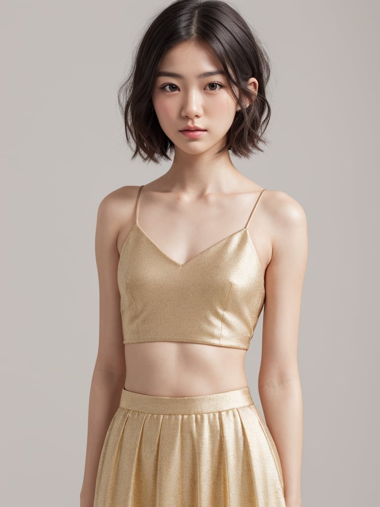 A full body portrait of a japanaese girl,(masterpiece, 8k, photorealistic, RAW photo, best quality, sharp: 1),highly detailed face, beautiful face, (realistic face), beautiful hairstyle, realistic eyes, beautiful detailed eyes, (realistic skin), beautiful skin, ultra high res, ultra realistic, highly detailed, high nose, slim body, slender girl, detailed bust, slim thighs, slim legs, small hip, (blank background:1.1), (looking away:0.3), (from side:0.4) (age 22-27, European preteen, a pretty girl:1.4), (short hair, bob hair, beautiful hairstyle:1.2), (midriff:1.1), (model posing:1.2),asian girl,long skirt,heart_mark_background