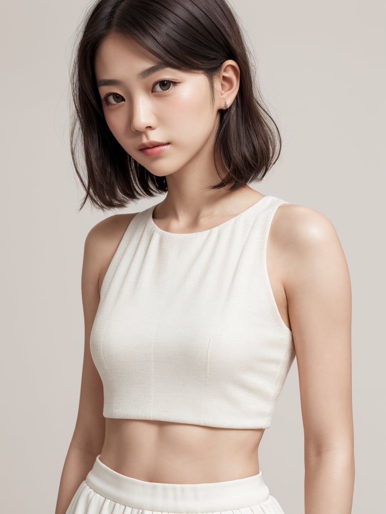 A full body portrait of a japanaese girl,(masterpiece, 8k, photorealistic, RAW photo, best quality, sharp: 1),highly detailed face, beautiful face, (realistic face), beautiful hairstyle, realistic eyes, beautiful detailed eyes, (realistic skin), beautiful skin, ultra high res, ultra realistic, highly detailed, high nose, slim body, slender girl, detailed bust, slim thighs, slim legs, small hip, (blank background:1.1), (looking away:0.3), (from side:0.4) (age 27-30, European preteen, a pretty girl:1.4), (short hair, bob hair, beautiful hairstyle:1.2), (midriff:1.1), (model posing:1.2),asian girl,long skirt,heart_mark_background