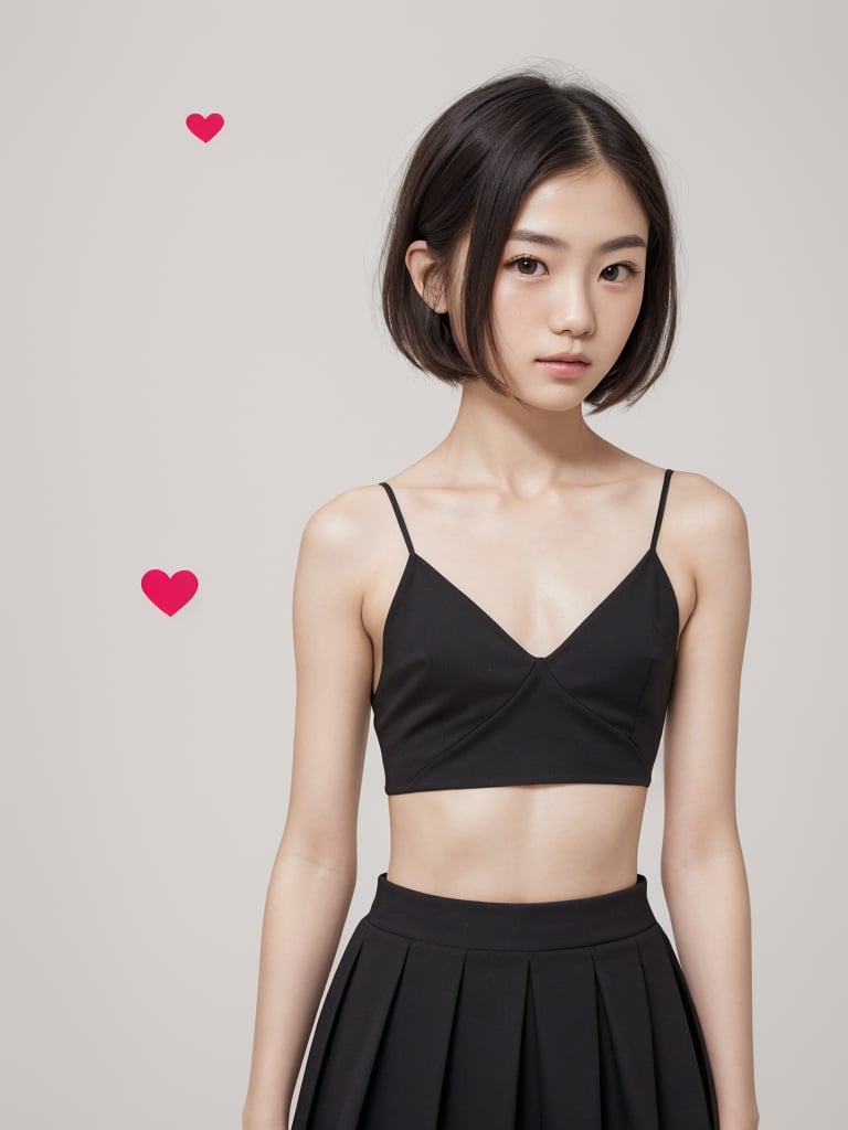 A full body portrait of a japanaese girl,(masterpiece, 8k, photorealistic, RAW photo, best quality, sharp: 1),highly detailed face, beautiful face, (realistic face), beautiful hairstyle, realistic eyes, beautiful detailed eyes, (realistic skin), beautiful skin, ultra high res, ultra realistic, highly detailed, high nose, slim body, slender girl, detailed bust, slim thighs, slim legs, small hip, (blank background:1.1), (looking away:0.3), (from side:0.4) (age 17-22, European preteen, a pretty girl:1.4), (short hair, bob hair, beautiful hairstyle:1.2), (midriff:1.1), (model posing:1.2),asian girl,long skirt,heart_mark_background