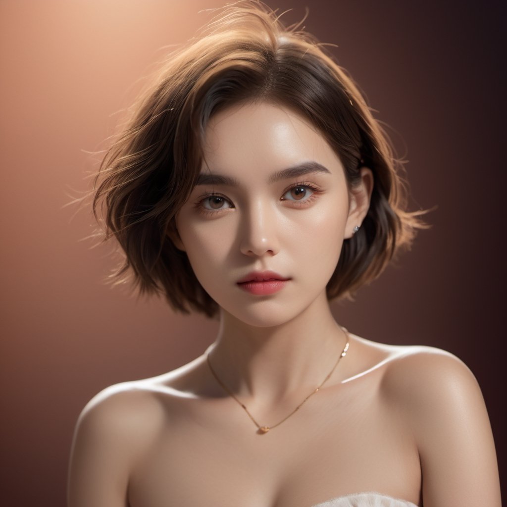 fashion photography portrait of 1girl, offshoulder, fluffy short hair, soft light, rim light, beautiful shadow, low key, (photorealistic, raw photo:1.2), (natural skin texture, realistic eye and face details), hyperrealism, ultra high res, 4K, Best quality, masterpiece, necklace, (cleavage:0.8), in the dark,xxmix_girl