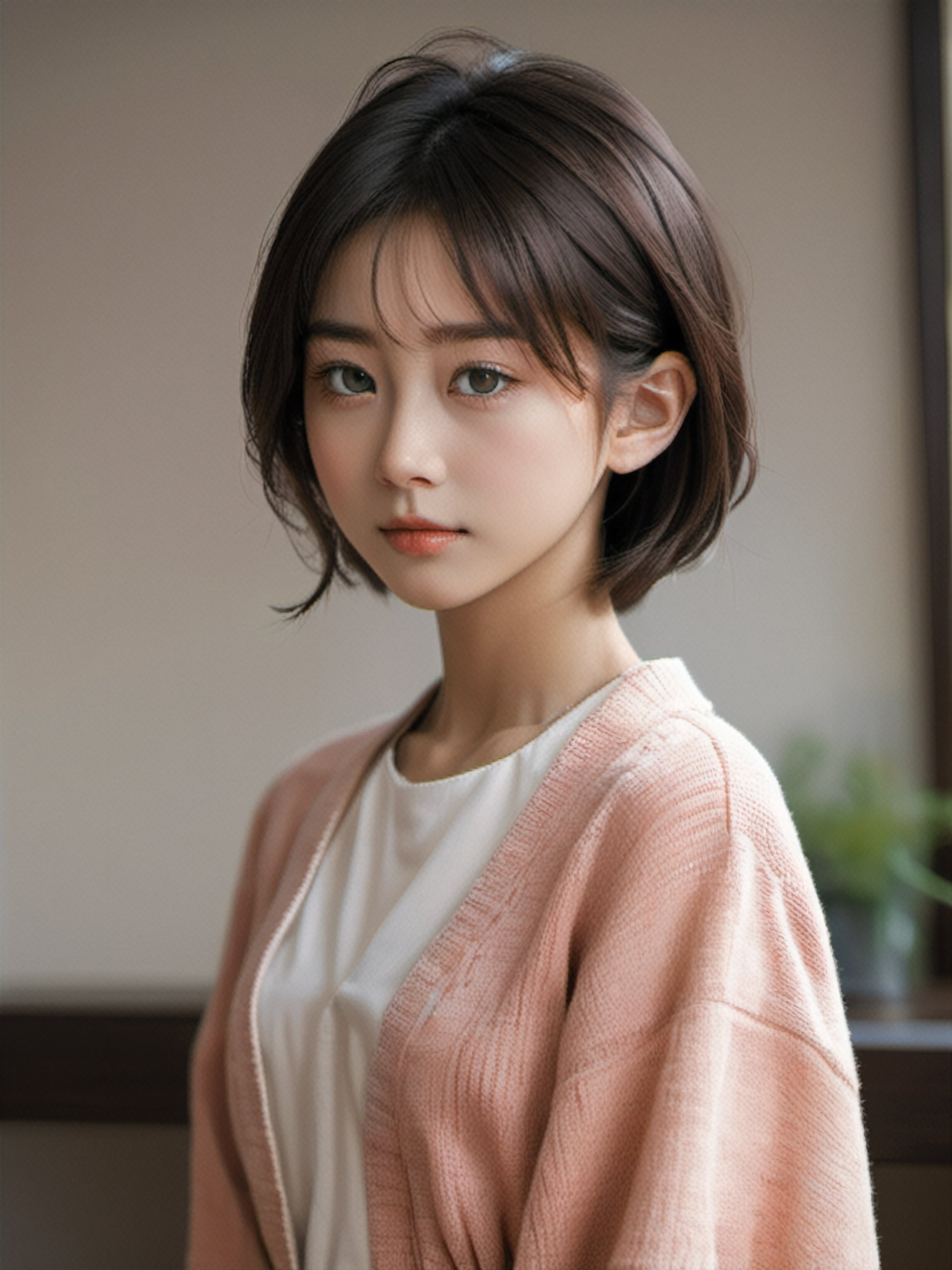 A full body portrait of a japanaese girl,(masterpiece, 8k, photorealistic, RAW photo, best quality, sharp: 1),highly detailed face, beautiful face, (realistic face), beautiful hairstyle, realistic eyes, beautiful detailed eyes, (realistic skin), beautiful skin, ultra high res, ultra realistic, highly detailed, high nose, slim body, slender girl, detailed bust, slim thighs, slim legs, small hip, hair band, (blank background:1.1), (looking away:0.3), (from side:0.4) (age 12-15, European preteen, a pretty girl:1.4), (short hair, bob hair, beautiful hairstyle:1.2), (midriff:1.1), (model posing:1.2)