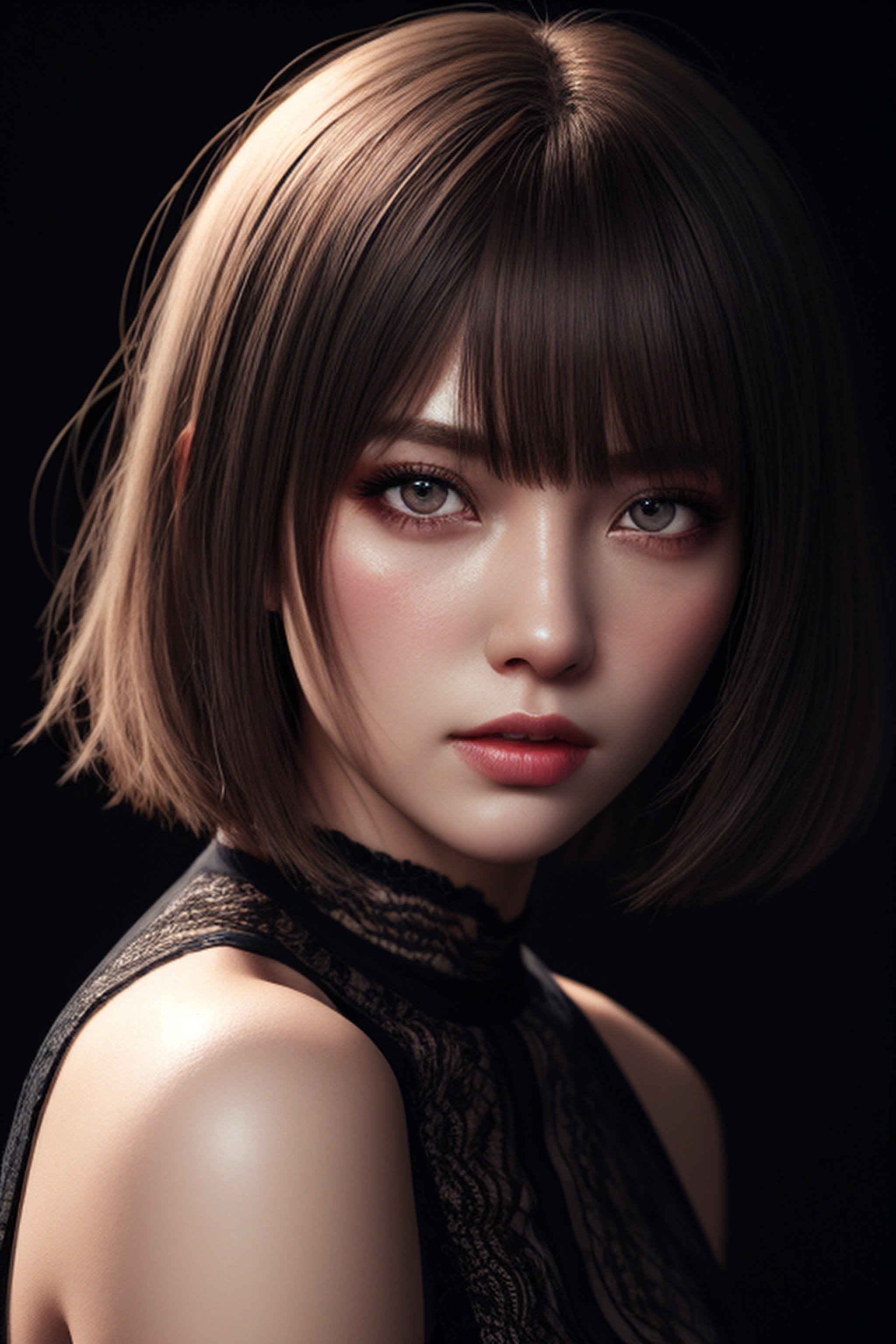 Best quality, best illustration, best lighting, incredible quality, highly detailed 8k CG wallpaper, detailed eyes, detailed face, detailed hair, a beautiful girl, short white hair with bangs, lilac eyes, fair skin, wearing a black silk dress with lace, dark background scenery, low lighting, portrait format.