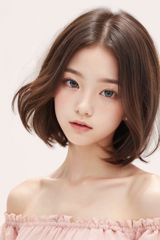 1girl, (age 11-14:1.4), gorgeous, (dynamic pose:0.8),(close-up),studio lighting, white background, japanese teen top model, bang, hime haircut, heterochromia, pastel off-shoulder dress,